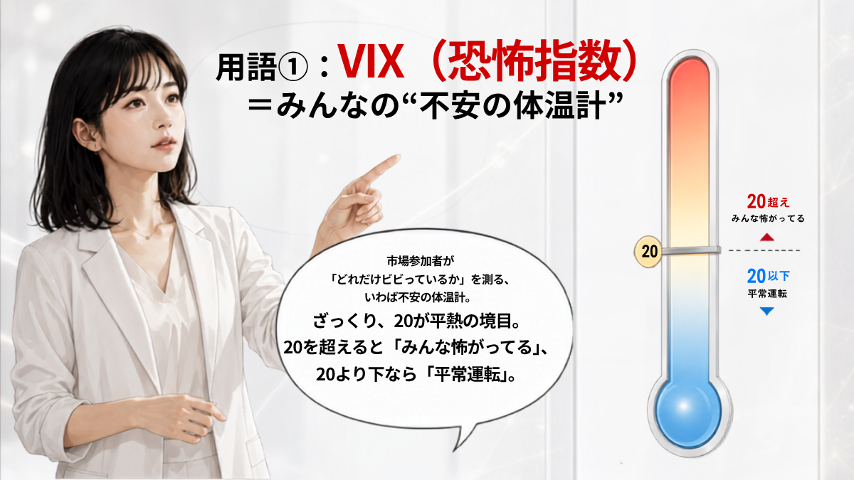 VIX(恐怖指数)=市場参加者が「どれだけビビっているか」を測る、いわば不安の体温計。ざっくり、20が平熱の境目。20を超えると「みんな怖がってる」、20より下なら「平常運転」。