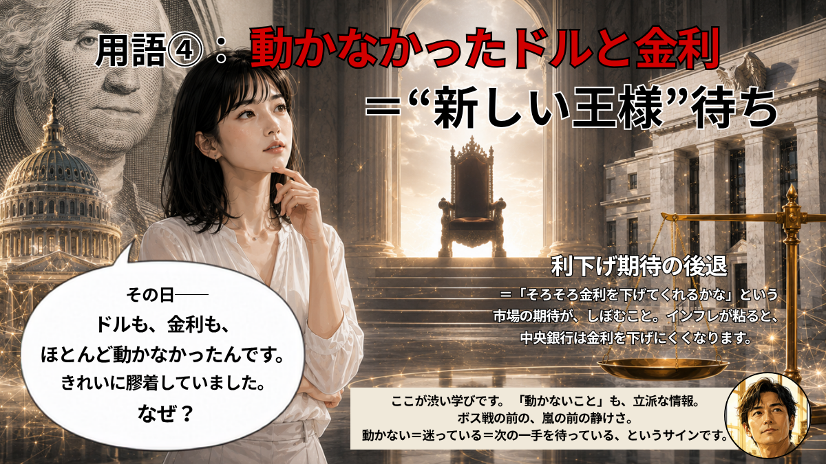 創刊号では、インフレ指標（コアPCE）が3.4%と高かった。教科書どおりなら、「インフレが粘る→利下げしにくい→金利とドルが上がる」はず。