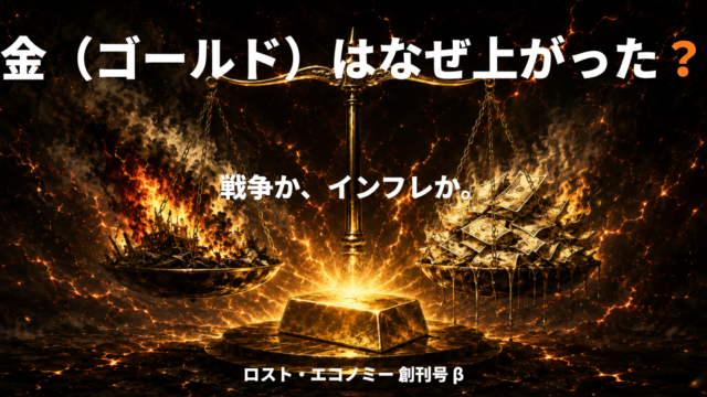 戦争とインフレを乗せた天秤と、中央に輝く金塊