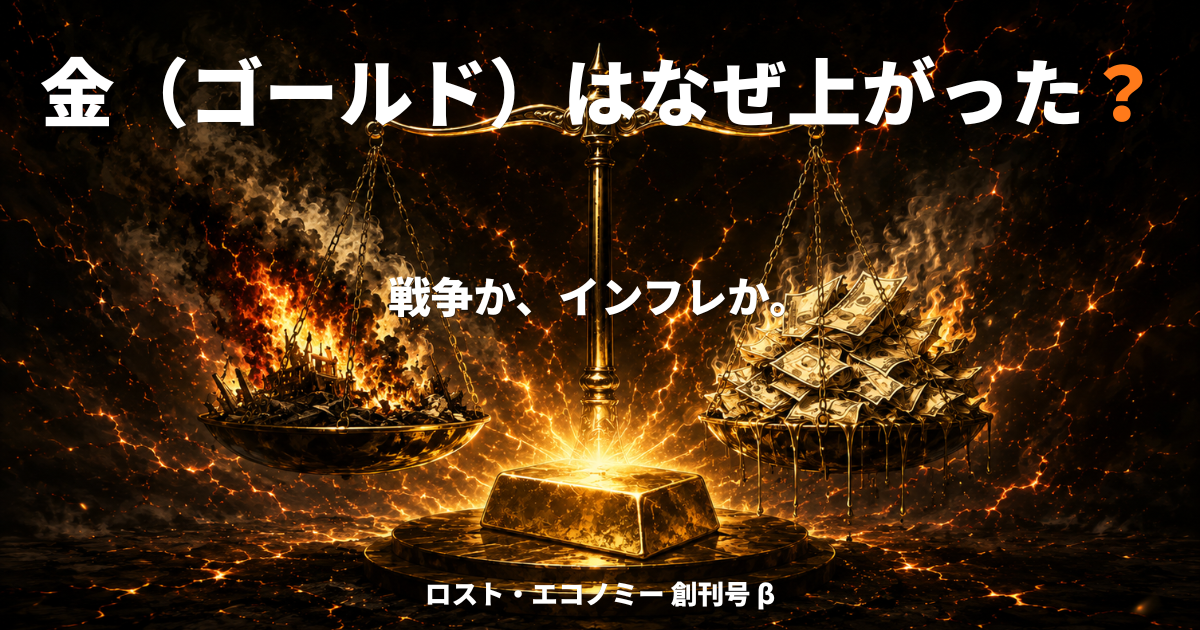 戦争とインフレを乗せた天秤と、中央に輝く金塊